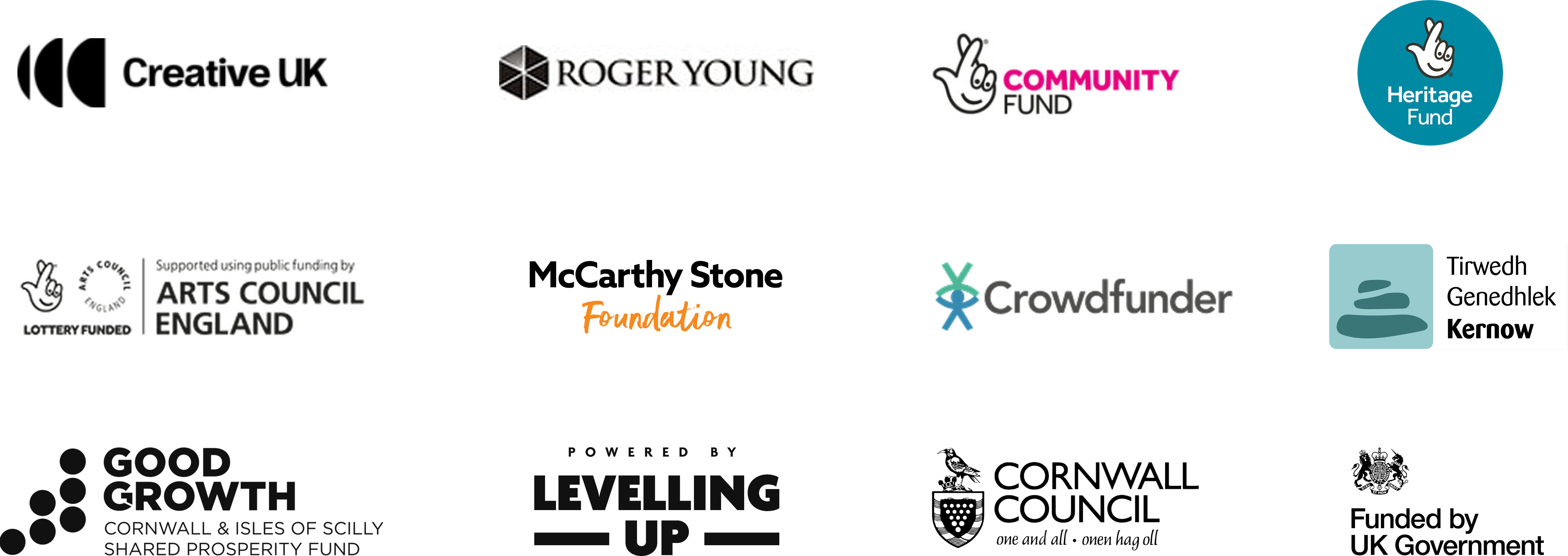 Logos of Sterts' funders and sponsors: Creative UK, Roger Young, Community Fund, Heritage Fund, Arts Council England, Tirwedh Genedhlek Kernow, Crowdfunder, McCarthy Stone Foundation, Good Growth, Levelling Up, Cornwall Council, and UK Government.