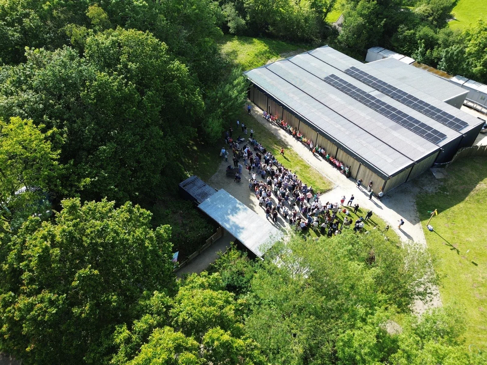 Aerial view of the Barn Theatre and grounds at Sterts Arts & Environmental Centre